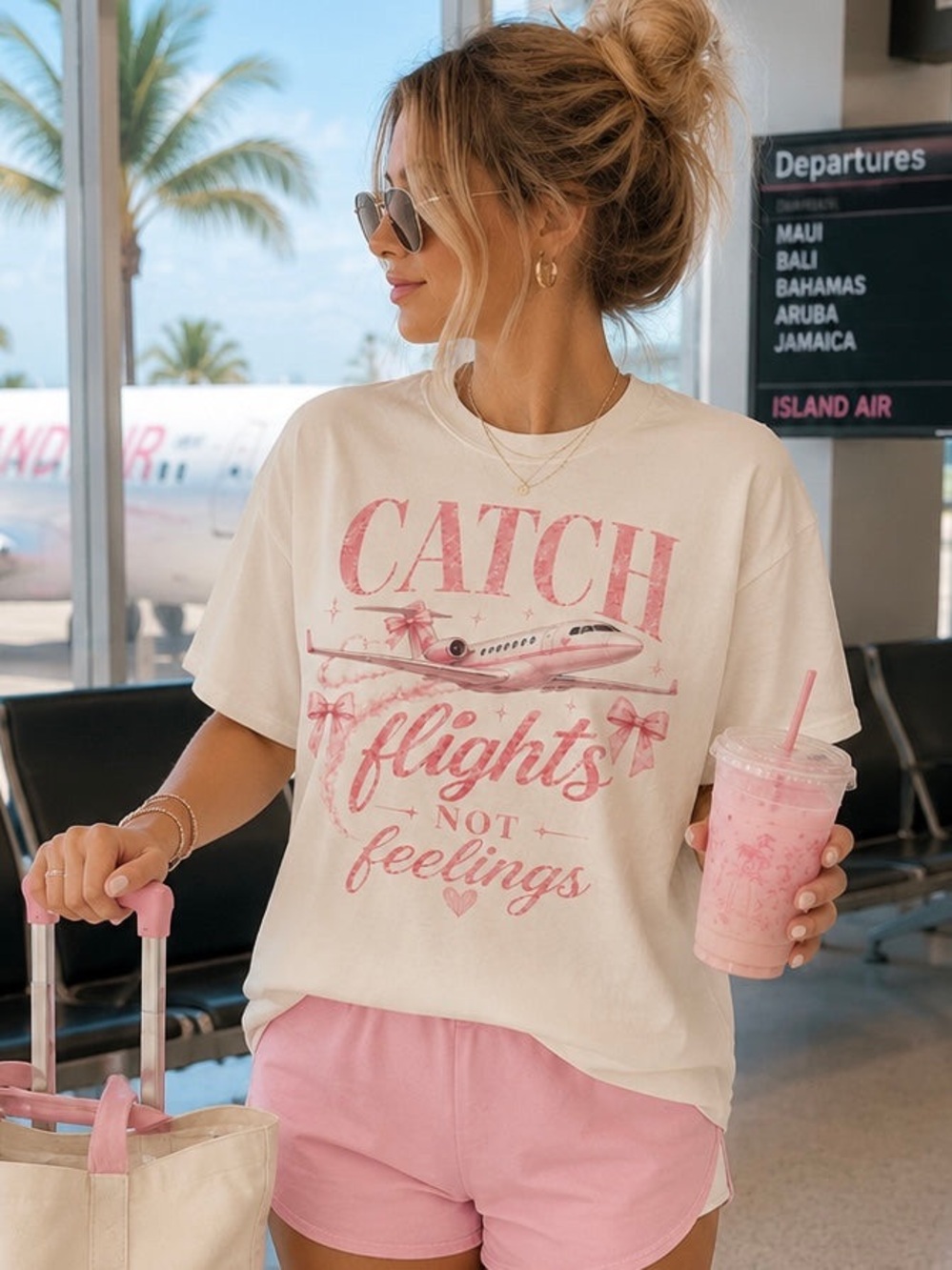 Catch Flights Not Feelings Pink Graphic Tee S-5x